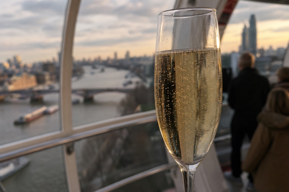 A close-up of a champagne glass with the river and skyline blurred through a London Eye capsule window