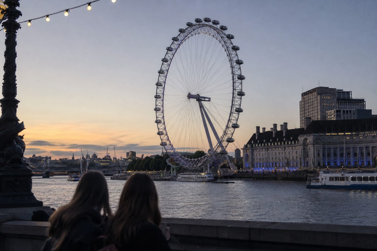 The London Eye viewed from across the Thames at dusk, towering over the surrounding buildings