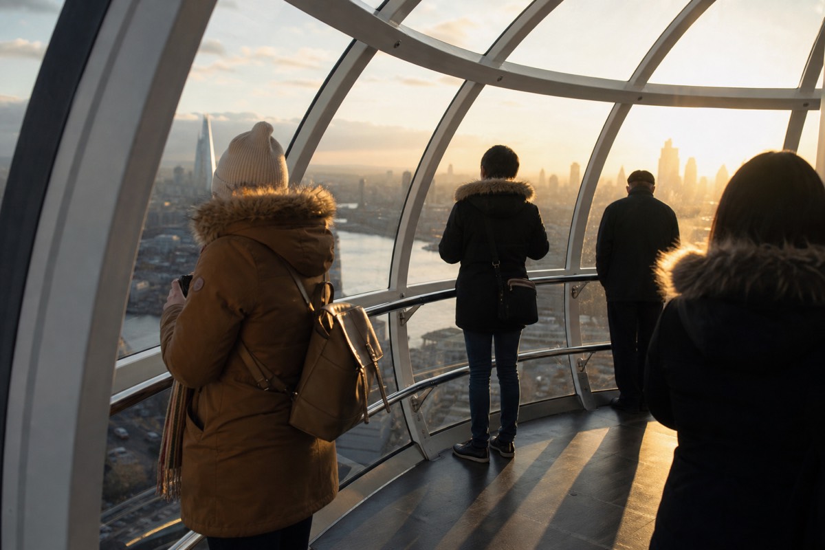 Warm golden sunset light streaming into a London Eye capsule
